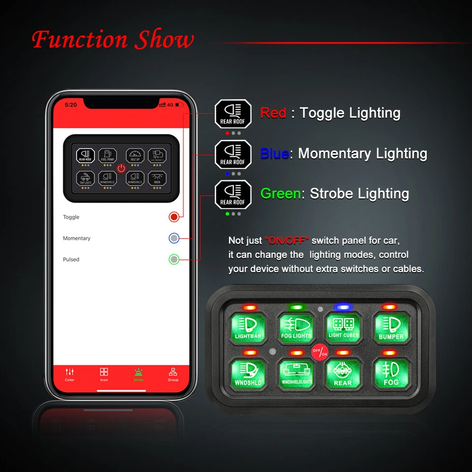 RGB 8 Gang Switch Panel Wireless LED Light Bar Relay System Marine Boat SUV 12V - Image 4 of 4