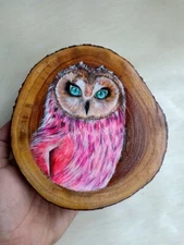 Hand Painted Natural Wood Slice Acrylics Amazing Pink Owl Portrait