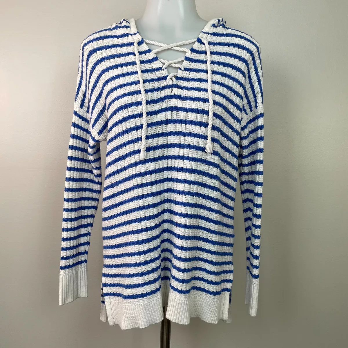 Aerie Sweater Medium Blue White Striped Hooded Lace-Up Long Sleeve Women's