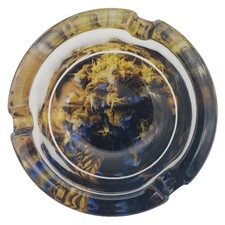 Decaled Thick Glass Smoking Ashtray - Purple/Gold Bud Nug Flower - 3.5 inch Wide
