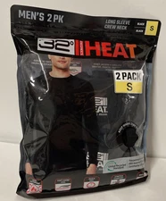 2 Pack 32 Degrees Heat Mens SMALL Crew Neck Base BLACK T-Shirt Long Sleeve Tee