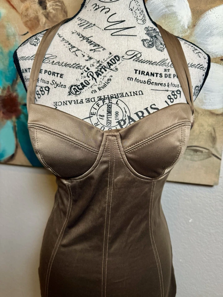GUESS by Marciano Bronze Satin Bustier Bodycon Midi Dress Corset Back SZ 8 - Image 4 of 4