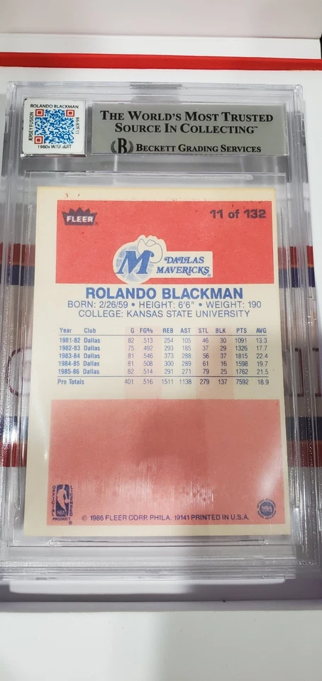 Fleer 1986-87 - Rolando Blackman #11 - Jersey Fusion - BGS 10 automático Foto 2 de 4