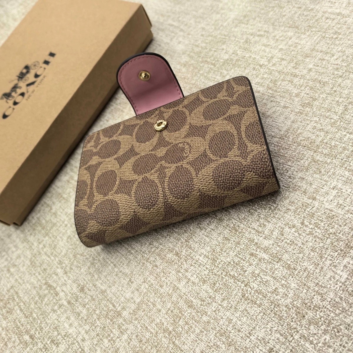 Coach Medium Corner Zip Wallet In Signature Canvas Brown/Pink
