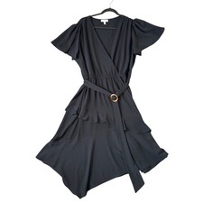 Black Wrap Midi Dress XL Flutter Sleeve Belted Flowy Feminine Minimalist NWT