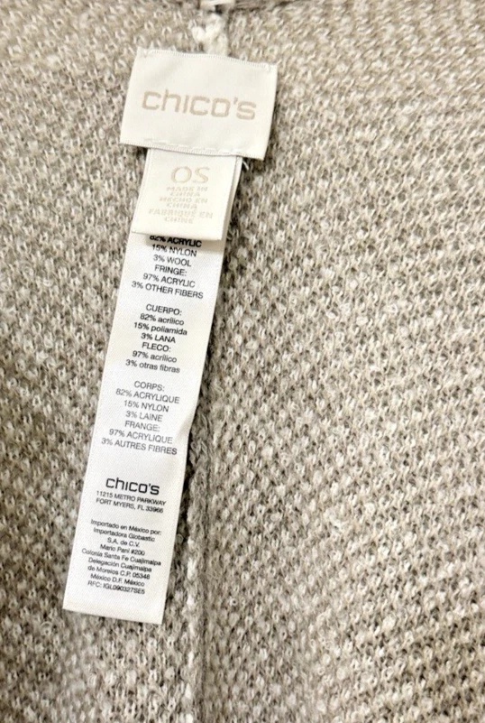 Chico's Mujer TALLA ÚNICA USADO Tostado/Beige Mantón/Envoltura Bufanda Poncho Abierto Flecos Foto 3 de 4