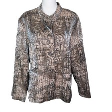 CHICO'S 3 Women's XL Large Metallic Silver Taupe Crocodile Print Pleated Jacket