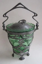 WMF Art Nouveau Biscuit Barrel Lidded Vase Pewter Frame Green Glass Insert 7 in
