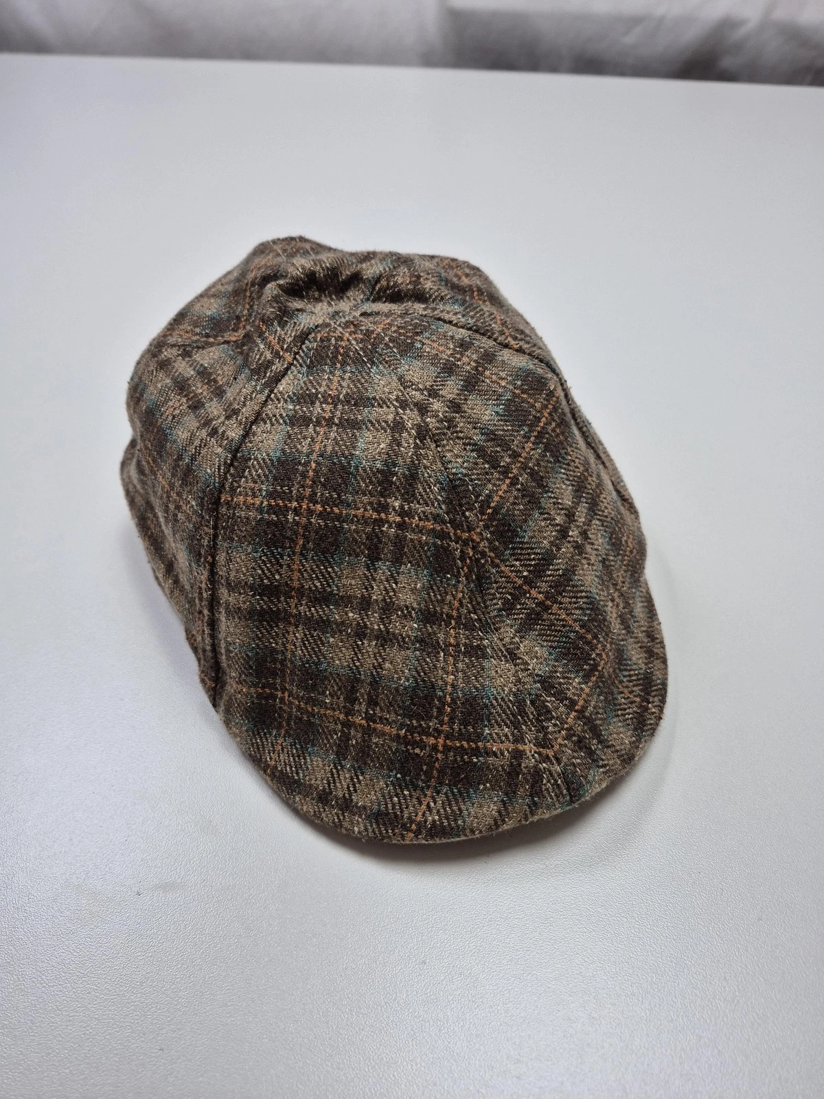 Stetson Hat Newsboy Flat Cap Mens Large Brown Plaid Silk Tweed Sun Guard