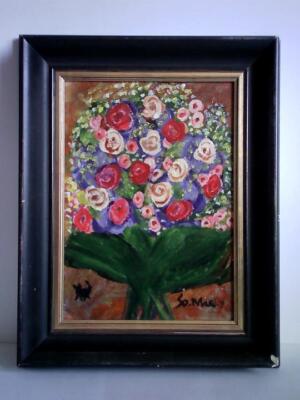 Blumenstrauß (mit Katze) - Naive Ölmalerei auf Leinwand