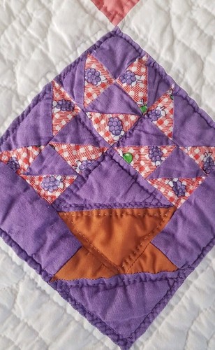 VTG Handmade Patchwork Diamond Quilt Flower Pot Design Homemade Twin Bed Pink - Picture 8 of 12