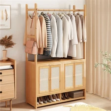 Heavy Duty Wardrobe Freestanding Coat Shoe Rack Stand w/Dual Door Storage Shelve