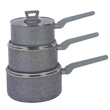 Home 3 Piece 16/18/20cm Non Stick Glass Lid Stone Marble Effect Pan Set Pot Grey