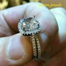 Cushion Cut 3CT Lab-Created Diamond Halo Wedding Ring Set 14K White Gold Over