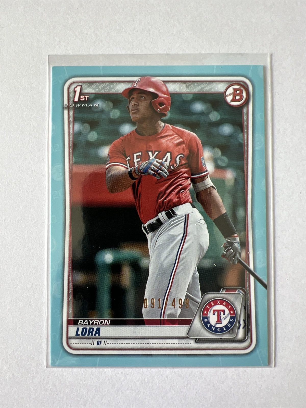 2020 Bowman Bayron Lora #BP-52 1st Sky Blue Paper /499 | Texas Rangers