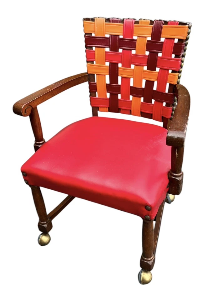 Par de sillas traseras con correa de madera rojas y naranjas de 1960 con ruedas MCM Mid Century Foto 3 de 4