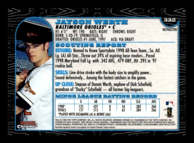 1999 Bowman Chrome Refractor #332 Jayson Werth Orioles prospect SP - Image 2 of 2