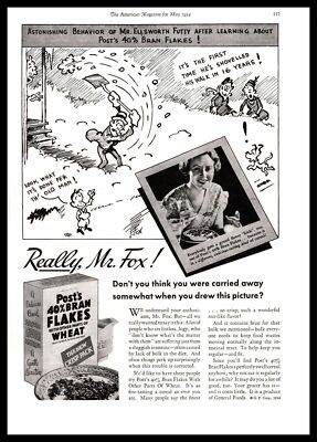 1934 Post's 40% Bran Flakes Wheat Cereal Mr. Ellsworth Futty F. Fox Art Print Ad