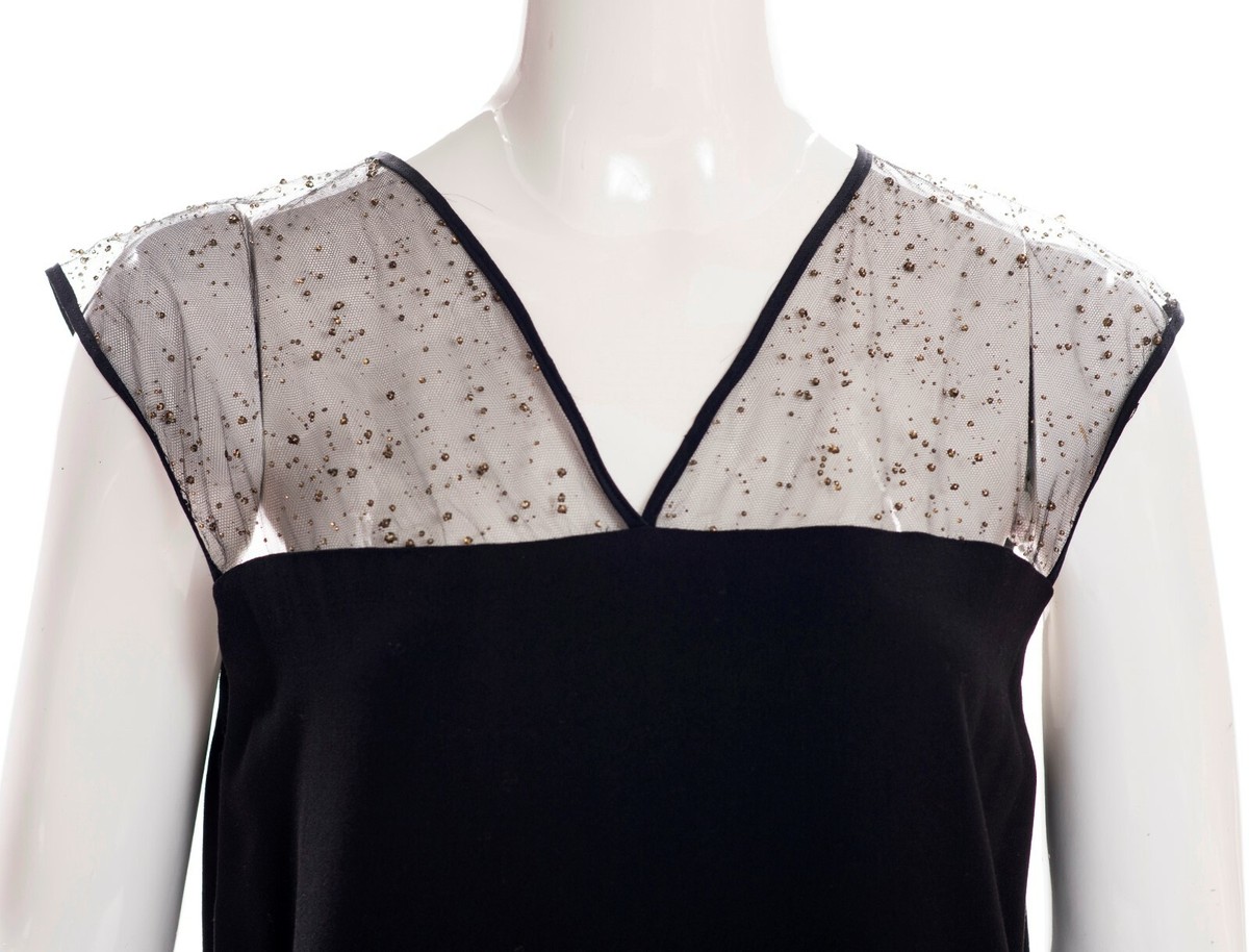 black and gold fendi dress FENDI Black Gold Sparkle Sheer Mesh V Neck Sleeveless Pull On Shift Dress IT 44