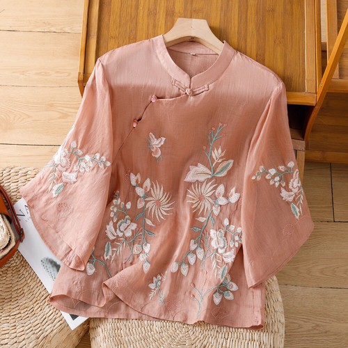 Women Embroidered T-shirts Tops T-shirts Chinese Floral Knot Button Blouse Retro - Bild 12 von 26