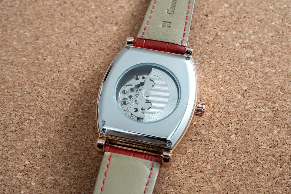 Reloj mecánico automático fase lunar oro rosa para hombre cuero rojo esfera 24 horas Foto 3 de 4