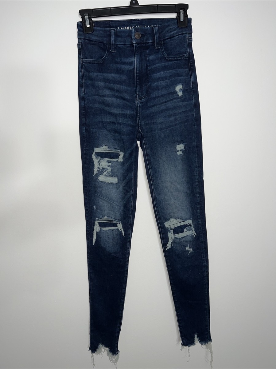 American Eagle Jeans Next Level Stretch High Rise Distressed Dark Wash  Denim L