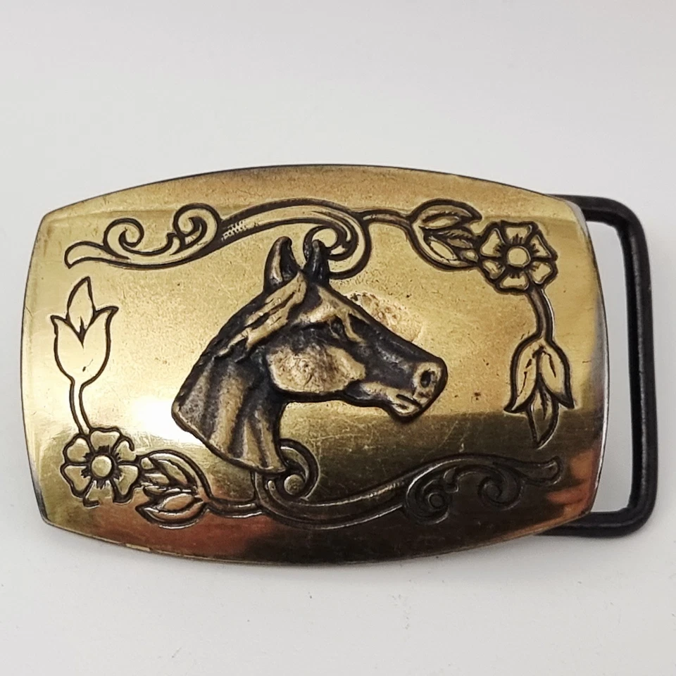 "Pequeña hebilla de cinturón de bronce EE. UU. con cabeza de caballo para cinturón de 1"" vintage grabado en metal" - Imagen 3 de 4