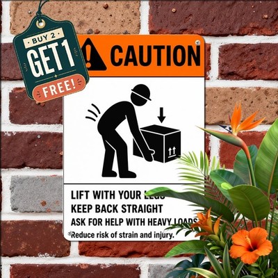 Back Injury Lifting Hazard Caution Warning Orange Black Sign Metal Tin Plaque