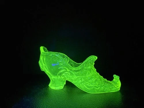 Vintage Fenton Glass Large Vaseline Slipper Shoe Rose Uranium Glass