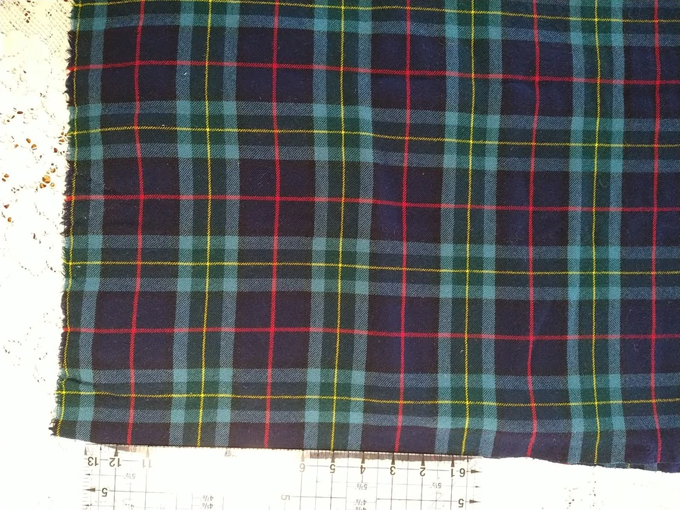 Navy Blue Red Yellow Green Plaid Lightweight Wool Fabric 17" Long x 53" Wide - Image 3 of 3