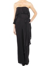 Halston Heritage Strapless Jumpsuit Black Flounce Georgette Asymmetrical 6