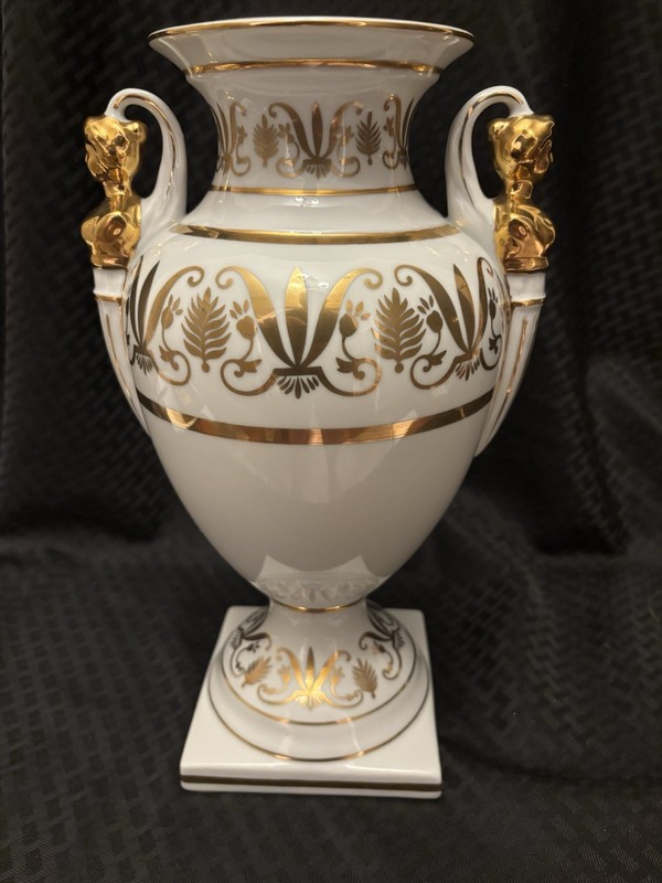 Exceptional Vintage Gilt Neoclassical Porcelain Urn style Vase Andrea By Sadek