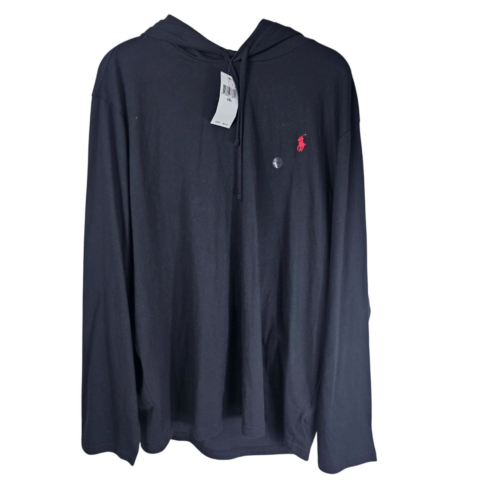 Polo Ralph Lauren nera manica lunga felpa con cappuccio XXL rosso pony preppy nuova con etichetta (difetto)