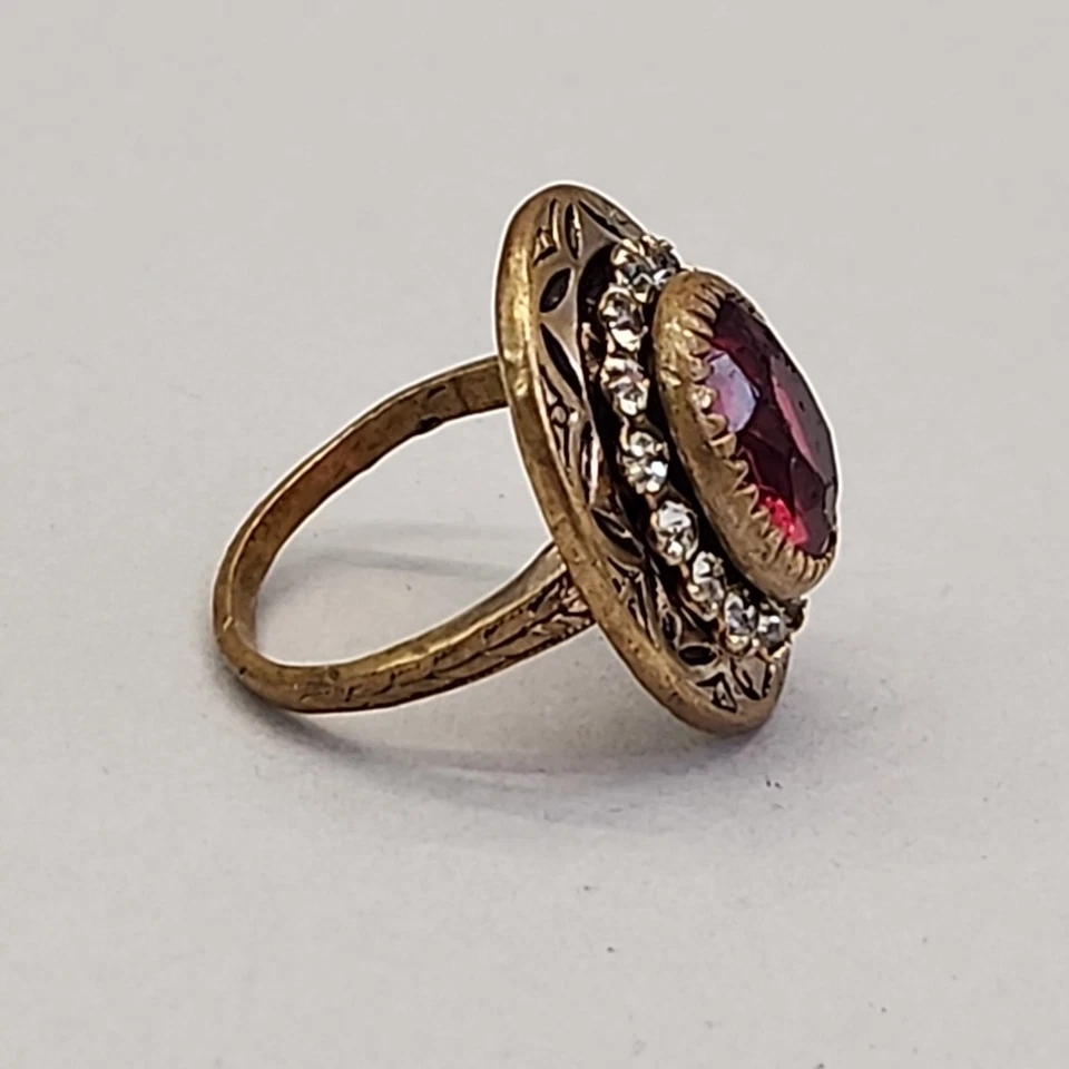 Anillo vintage de diamantes de imitación victoriano tardío vidrio rosa relleno de oro ovalado 5,75 Foto 3 de 4