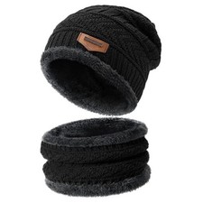 Winter Beanie Hat Circle Scarves Touchscreen Gloves Set, Warm Black : Hat scarf