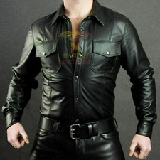 Men's Real Leather Black Police Military Style Shirt Bluf Gay Cuir Schwarz