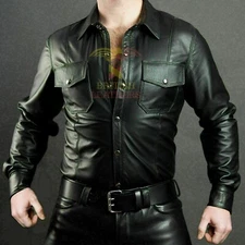 Men's Real Leather Black Police Military Style Shirt Bluf Gay Cuir Schwarz