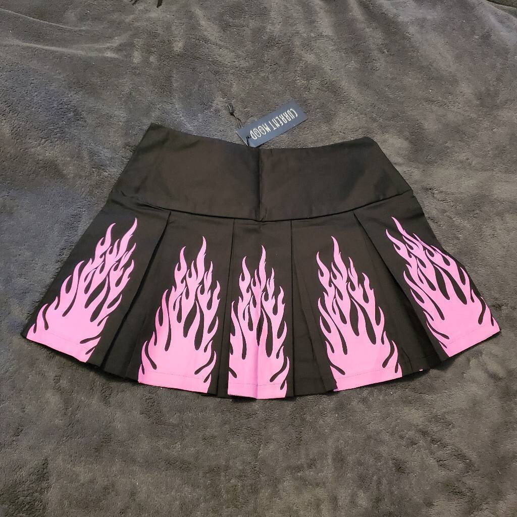 Dolls Kill Current Mood Goth Emo Rave Pink Flames Pleated