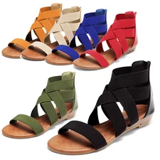 Womens Gladiator Flat Sandals Elastic Cross Ankle Straps Sandals Summer Shoes