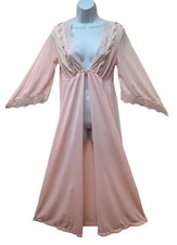 Vintage Pink Bell Sleeve Silky Nylon Lace Embroidered Floral Peignoir Robe M