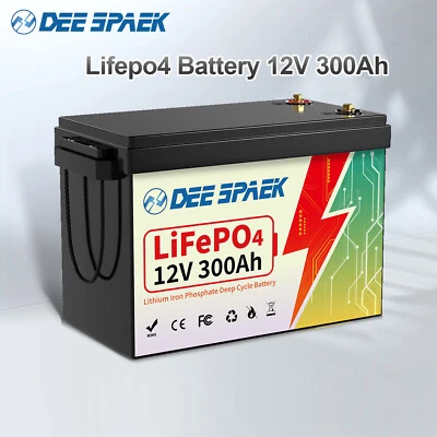 DEESPAEK Batería Litio 12V 300Ah LiFePO4 BMS 15000+Ciclos Solar Autocaravana Barco Batería
