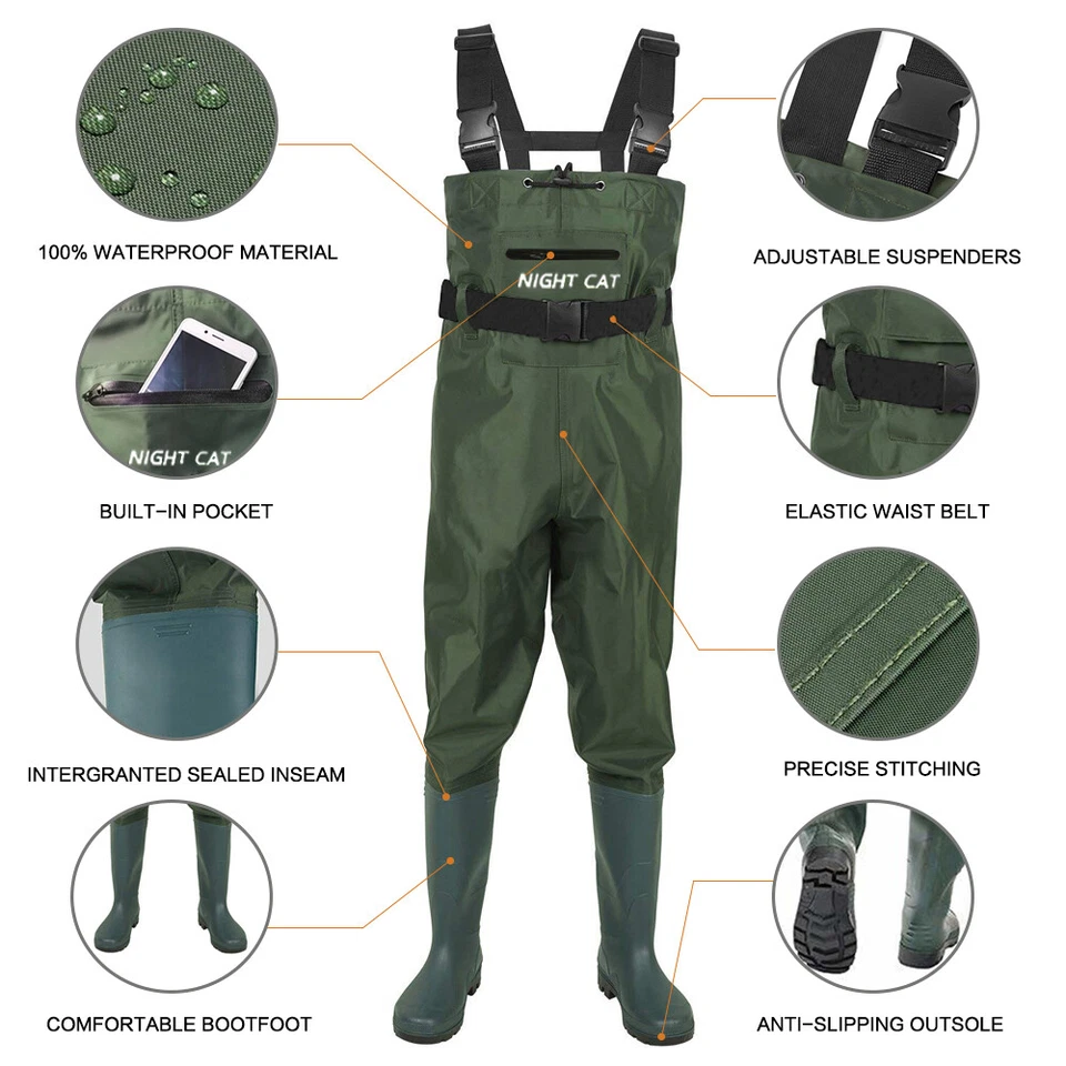 Waterproof Chest Waders Nylon 2-Ply Rubber Bootfoot 6-13 size Hunting Fishing - Image 4 of 4
