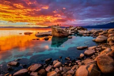 Stunning Lake Tahoe Rocky Shore Colorful Sunset Photo Poster 18x12