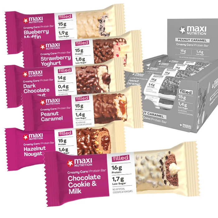 12 x MaxiNutrition Creamy Core 45g Protein Bar | 6 SORTEN