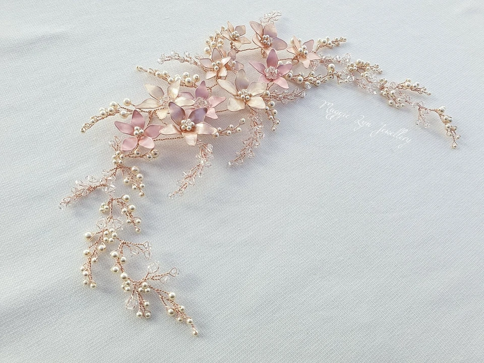 Rose Gold hair vine, flower crown headpiece, hair accessory, Blush pink & ivory - Image 2 of 4