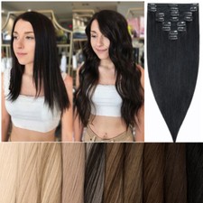 Clip In Extensions 100 Real Soft Human Hair Full Head 8Pieces Weft Black 8"-24"