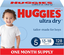 Ultra Dry Nappies Boys Size 5 (13-18Kg) 128 Count - One Month Supply (Packaging