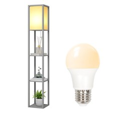 Floor Lamp with Storage Shelf Standing Light Linen Shade Bedroom Livingroom Wood
