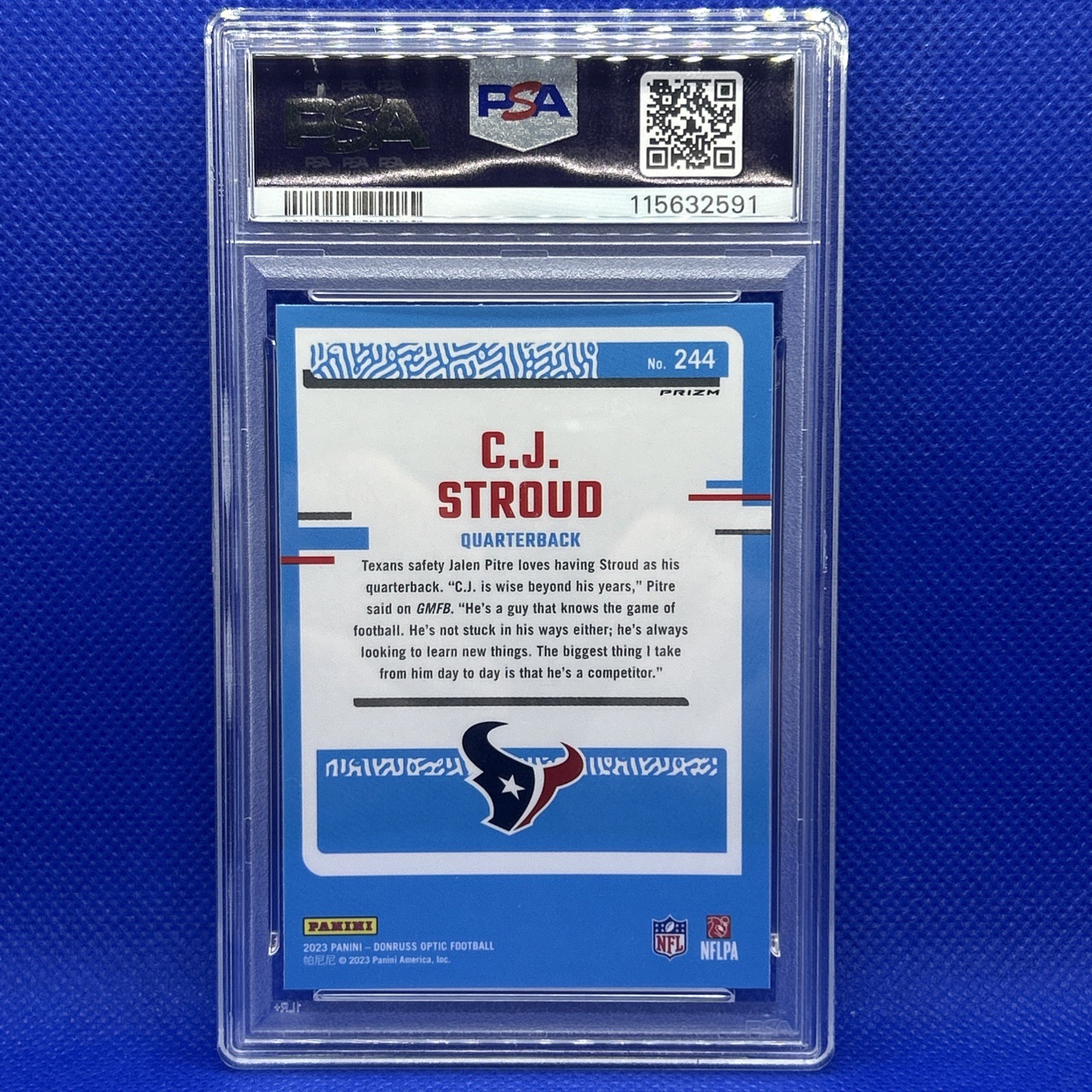 2023 Donruss Optic C.J Stroud Green Velocity Prizm #244 Texans Rookie PSA 9 MINT view 2