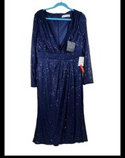 NWT IEENA by Mac Duggal 26555 Size 12 Navy Sequin Long Sleeve Midi Dress
